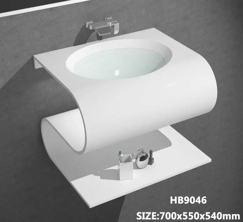 Acrilico solido superficie bagno a parete appeso marmo lavabo per piccolo bagno, superficie solida lavabo lavello