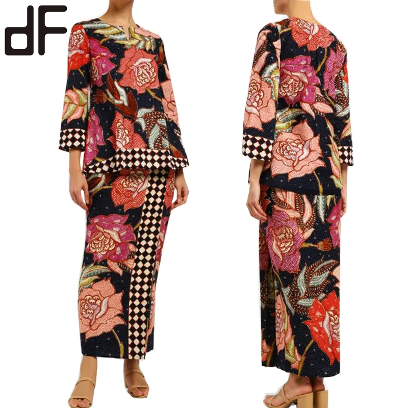 OEM Islamic Clothing Women Black Muslim Long Dress Kebaya Batik Design Dress Indonesia Floral Print Baju Kurung 2023