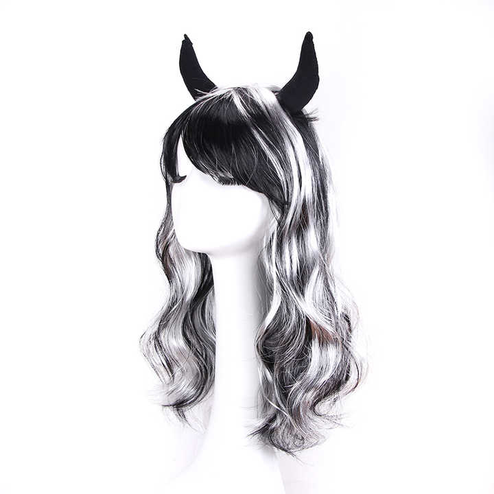 Long Curly Demon Cosplay Wigs Synthetic Hair Black Red Devil Horns Party Wig for Women Heat Resistant Fiber