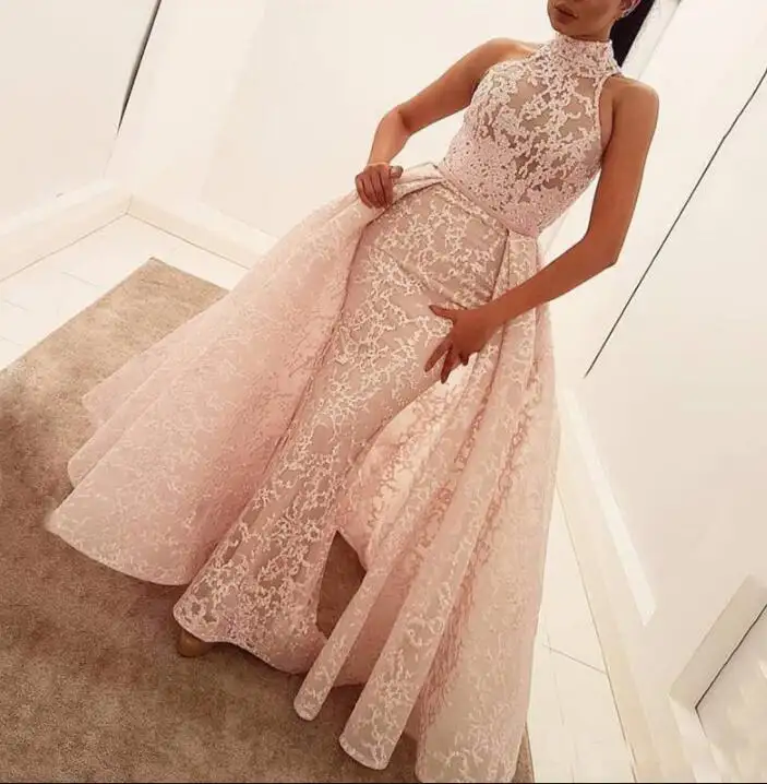 Pink Luxurious China Long Lace Mermaid Prom Dress With Detachable Train