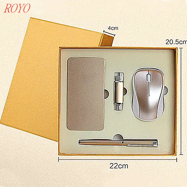 Conjunto de presente de luxo, promoção, flash drive, carregador portátil, caneta em gel e mouse sem fio com logotipo personalizado