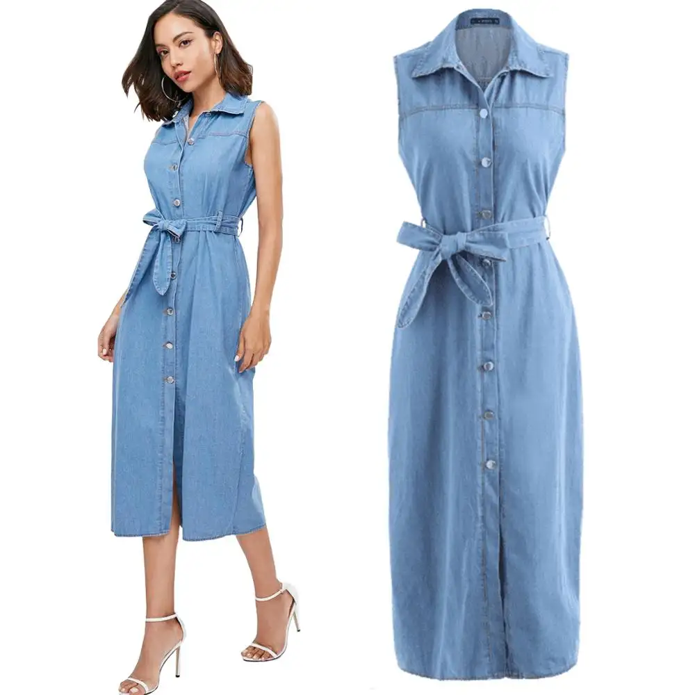 Summer sleeveless with blet design casual dresses length denim women dresses for lady