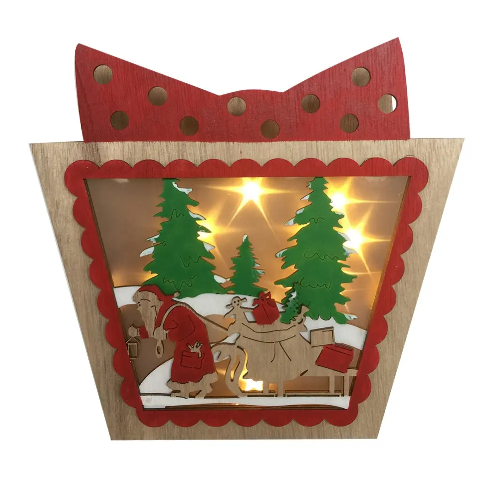 Wooden gift box shaped christmas LED decoration on tatble