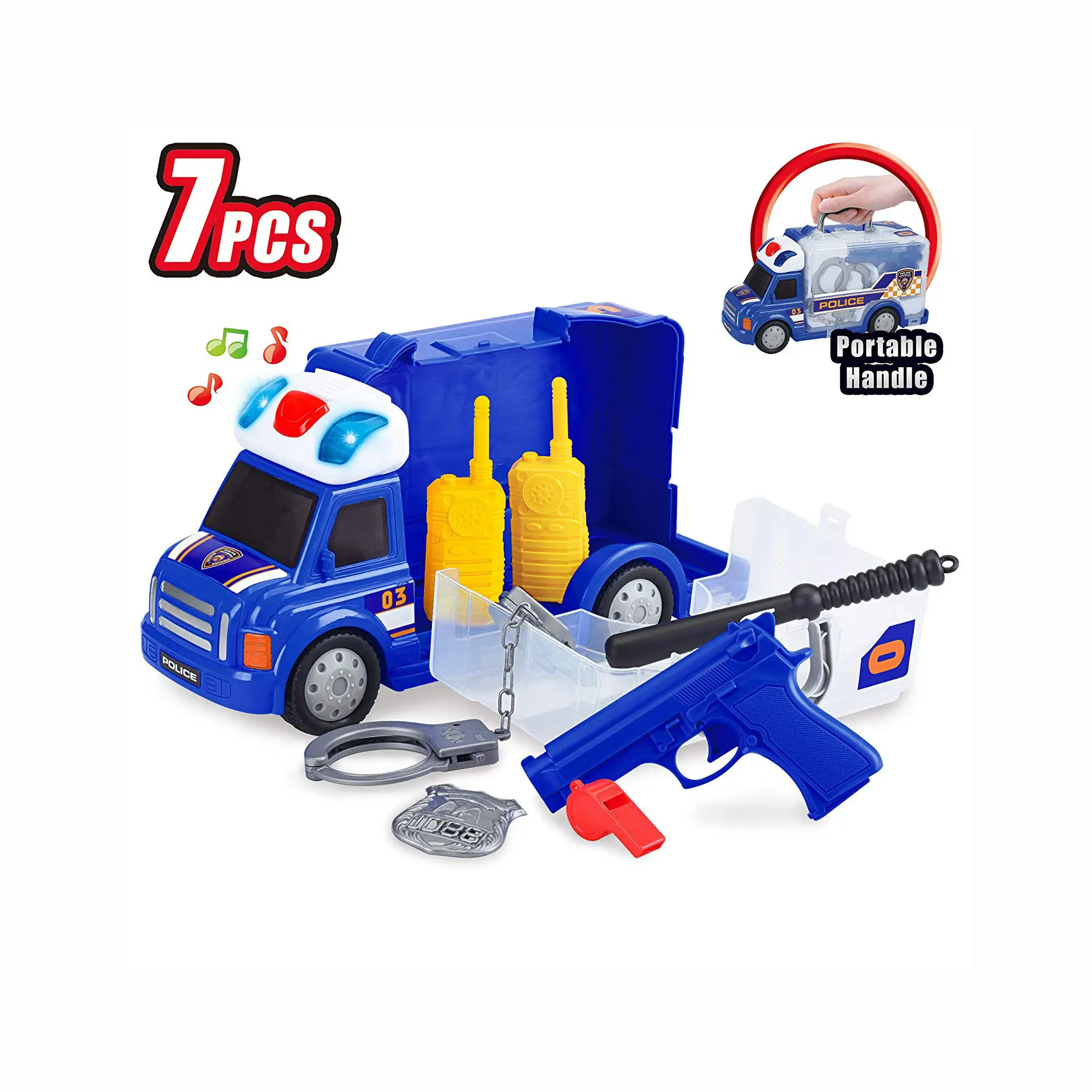 7 pieza niños empuje portátil jugar arreglar vehículo camión de la policía que conjunto de juguete luces LED suena sirena esposas silbato Walkie talkies