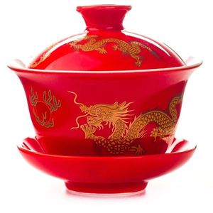 ドラゴンパターン、黒と赤の茶器を備えた伝統的な中国風セラミックガイワンカップを購入するパニック