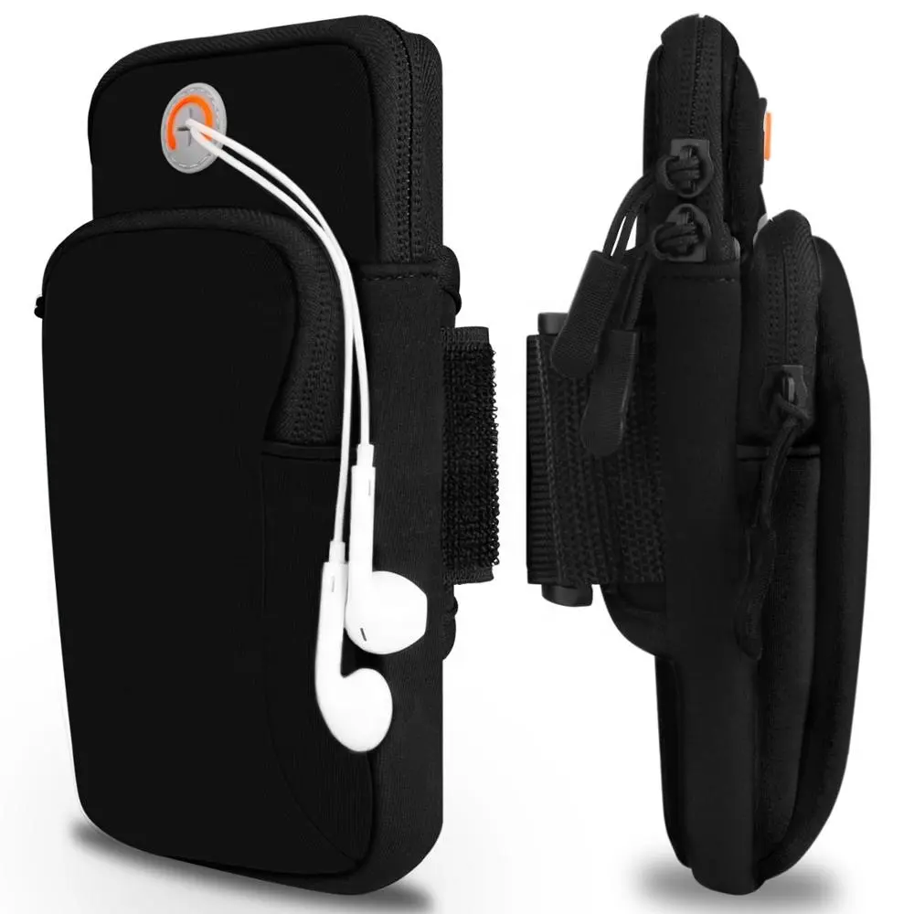 エクササイズワークアウトランニングフィットネスダブルポケットユニバーサルスマートフォン防水アームバッグ、iPhone用イヤホン穴付き