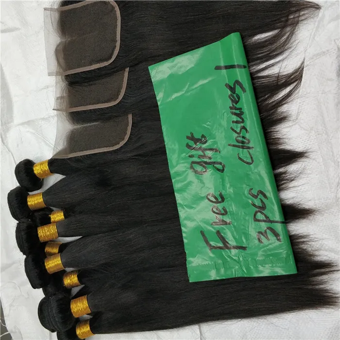 Letsfly 10pcs atacado cabelo virgem brasileiro em linha reta cabelo humano de 100% com O Dom Gratuito 3 peças em linha reta fechamento do laço do cabelo tecer