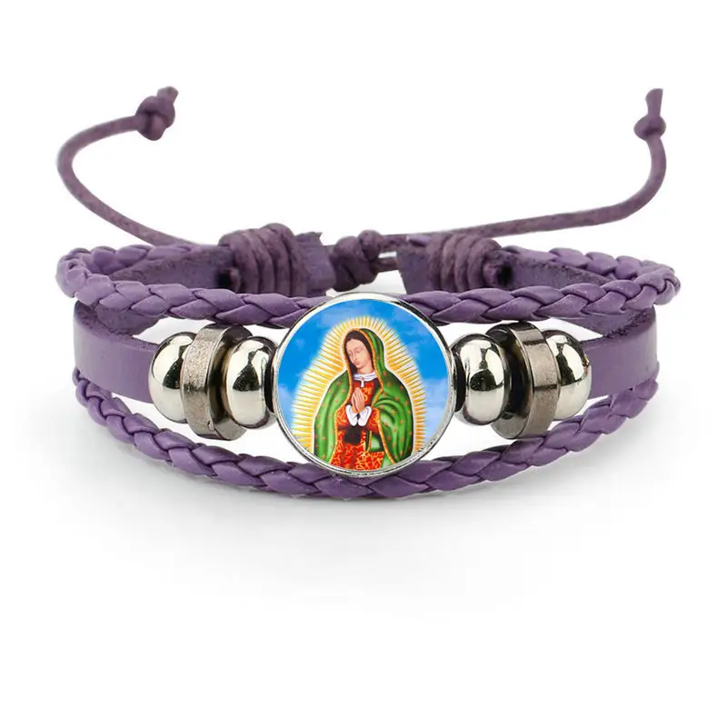 De la imagen de la Virgen María encantos pulsera de cuero hecho a mano de la Ronda de joyería de cristal de nuestra Señora de Guadalupe, Christian pulsera
