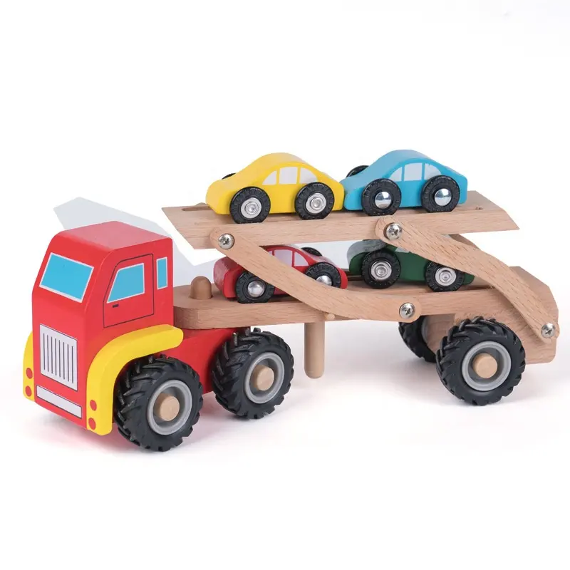 ชุดของเล่น ToysTruck สองชั้นสีแดงทำจากไม้,พร้อมรถมินิ4คันสำหรับขนของรถพ่วงของเล่นไม้รถพ่วง WCV004-C