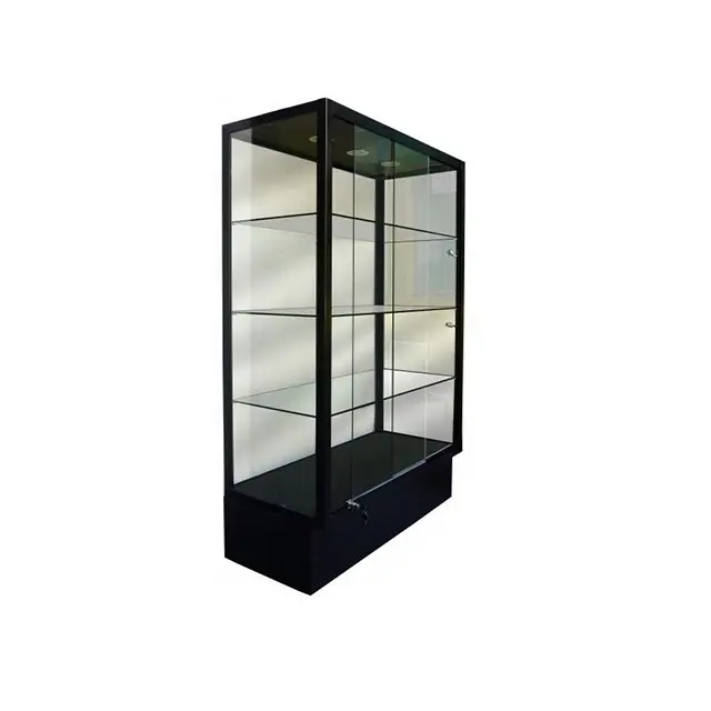 أحدث تصميم معرض انزلاق باب زجاجي قائم بذاته أسود خزانة عرض زجاجية