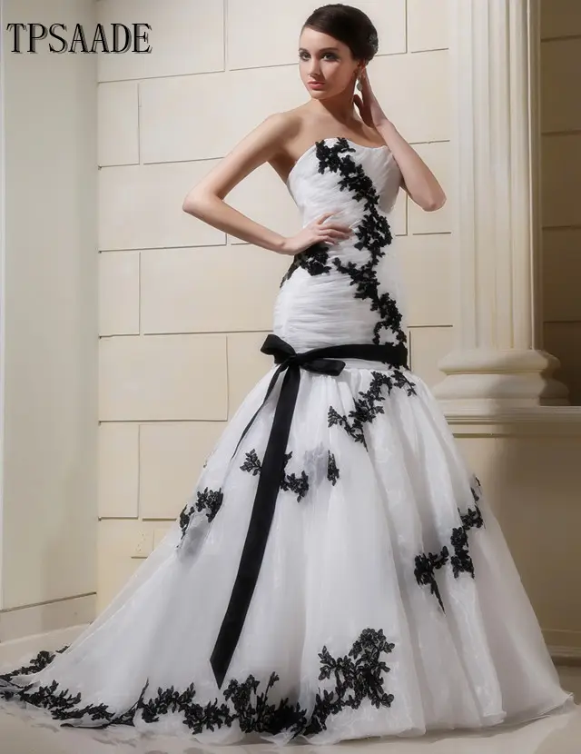 Ultimo Disegno del Organza Bianco E Nero Dell'innamorato Della Sirena Abito Da Sposa In Pizzo up di Pizzo Nero e Cintura con Fiocco Abito Da Sposa 2020 WF243