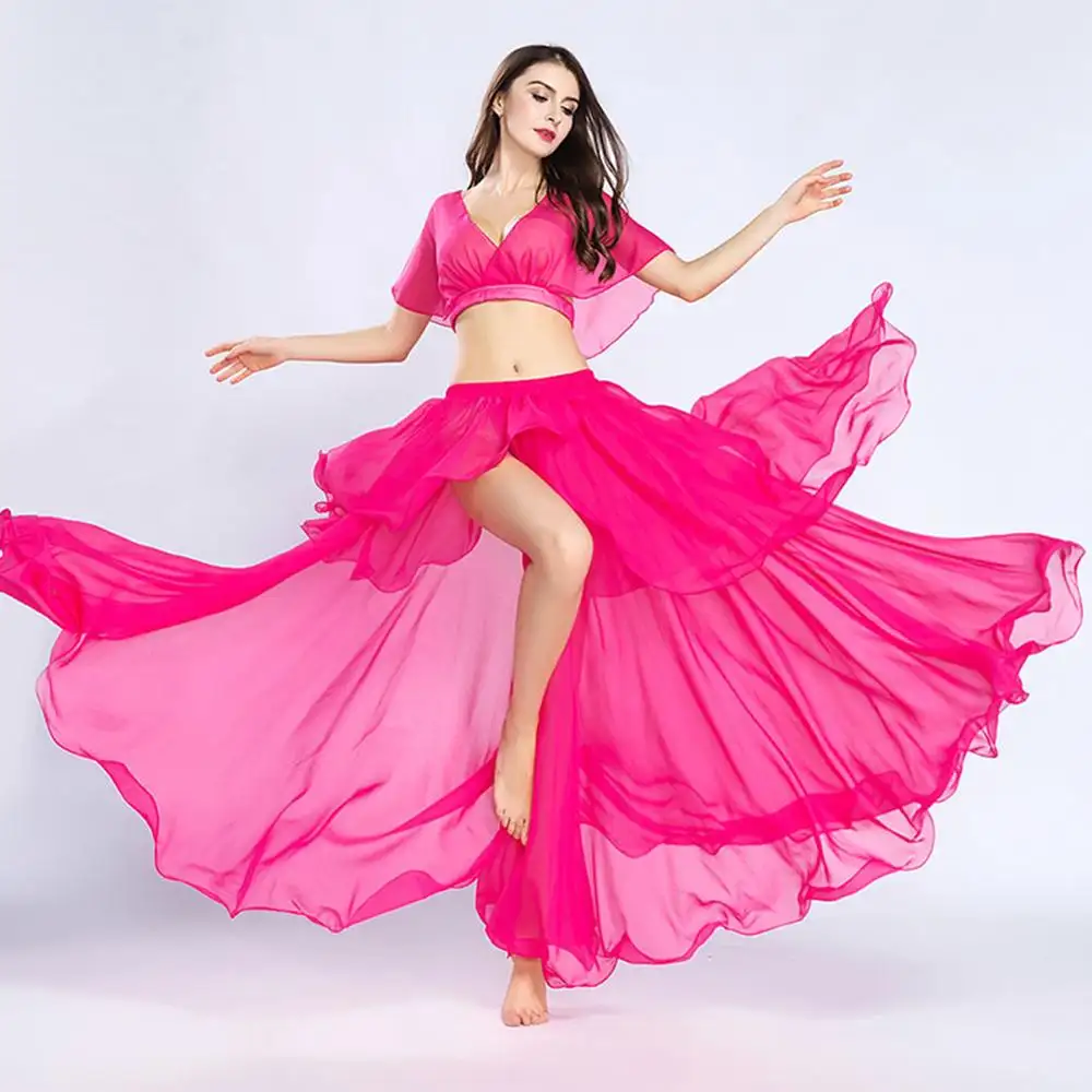 BestDance Arabic Belly Dance Costume One Side Slit Skirt Tribal Chiffon Ballroom Dance Circle Skirt