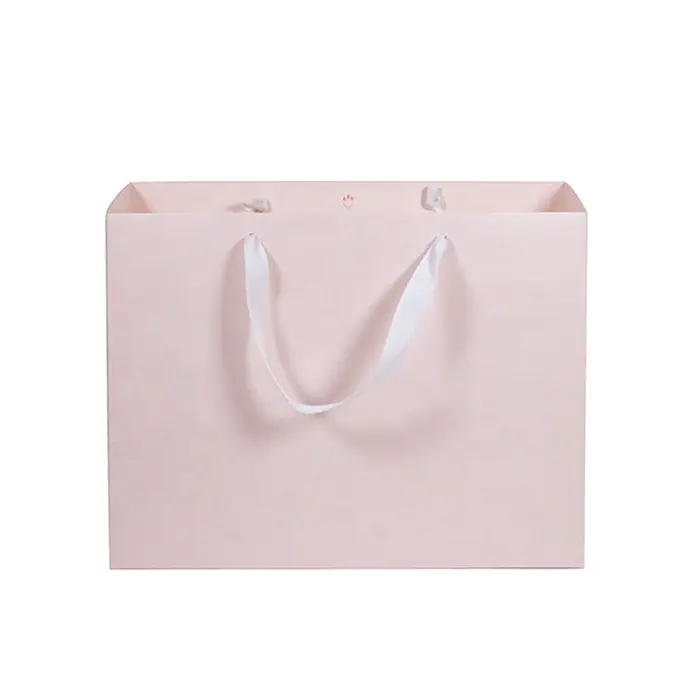 Bolsa de papel para compras, color rosa claro, elegante, laminación mate, con logotipo