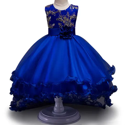 Robe de soirée pour filles, bleu, tenue de princesse élégante, motif de fleurs, longue queue, pour fête, pour enfants de 10 ans