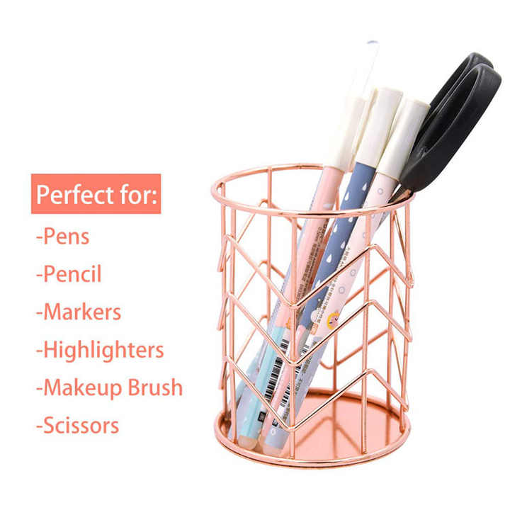 Hot Selling Makeup Brush Pot Holder Desk Organizer Wire Metal Rose Gold Pencil Holder