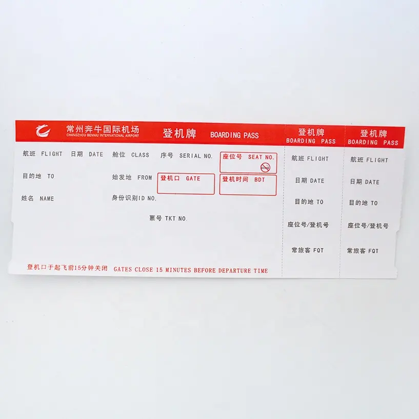 Wholesale Custom Cheap Thermal Paper Airline Air Flight Tickets Boarding Pass Printing Airplane Ticket