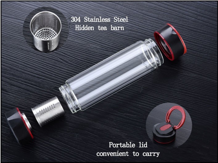 400ml Transparent Borosilicate glasses Custom Glass Water Bottle with ss304 lid