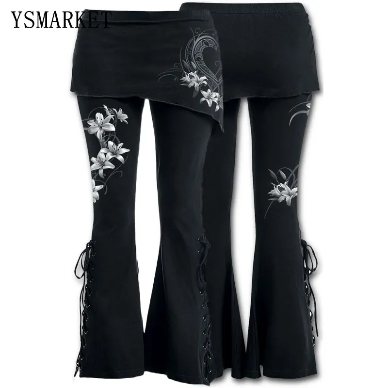 YSMARKET S-5XL Women 2 in 1 Boot Cut Leggings Plus Size Micro Slant Skirt Pants Gothic Punk Lace Up Bell Bottom Leggings E22045