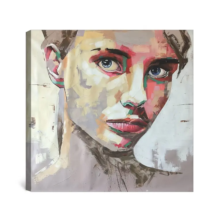 Modern pop art original handmade woman face portrait knife oil painting on canvas