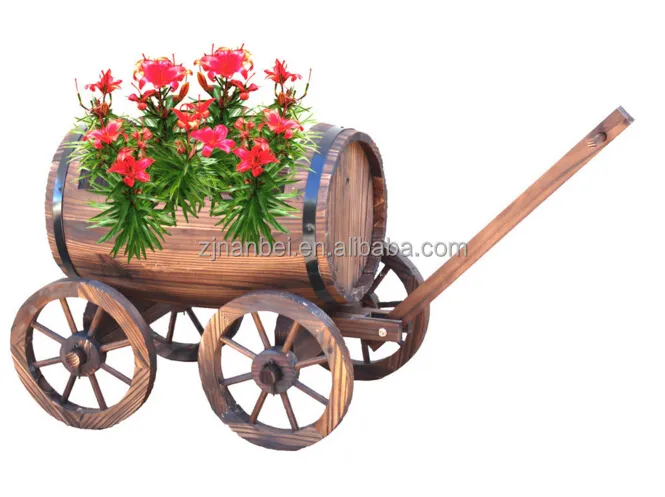 Custom Wooden Barrel Wagon Planter, Garden Decoration Pot