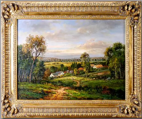 Campagna di Paesaggio Pittura A Olio Con Telaio In Legno, Vintage Antico Immagine Della Parete