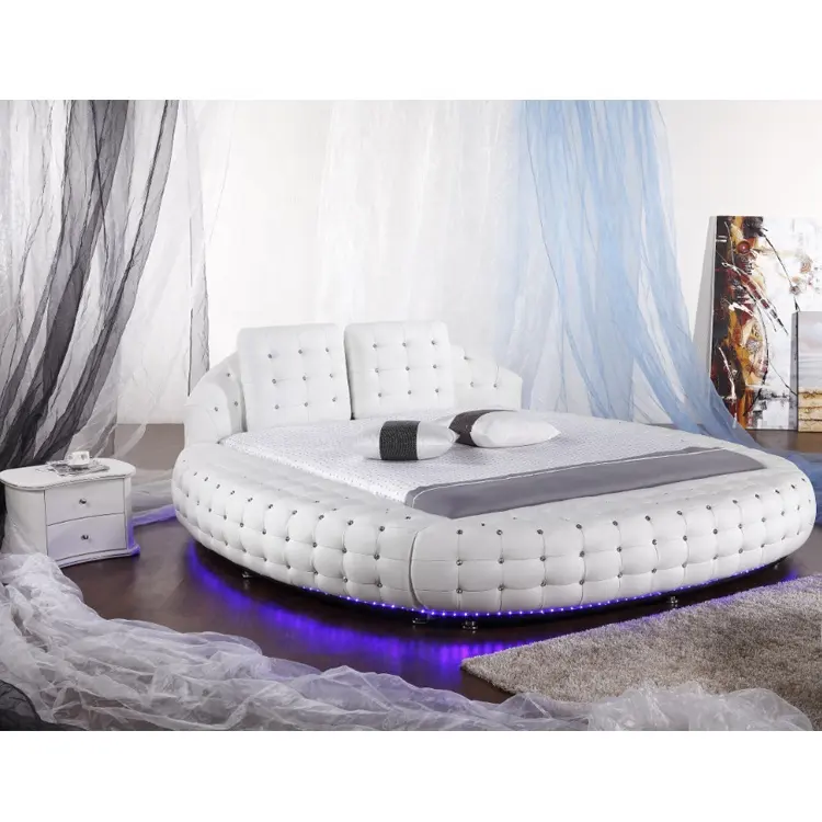 Hot sale luxury furniture crystal king size queen sleeping bed wooden leather round bed with LED light