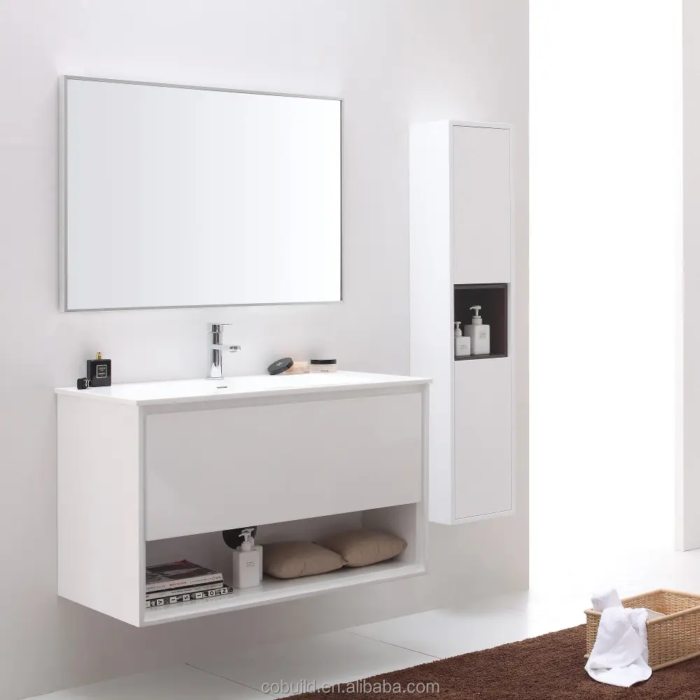 LUX-001A branco moderno armário lateral e espelho do armário de madeira fixado na parede do banheiro do armário, dissipador da vaidade do banho único