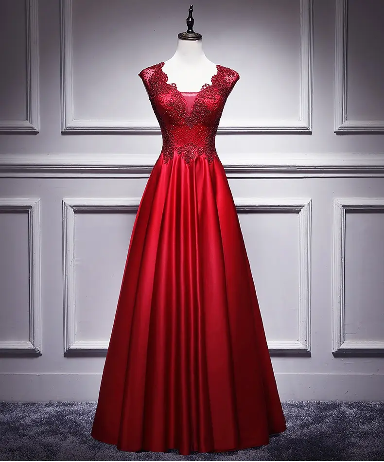 Vestidos de baile para mulheres, vinho vermelho de cetim com aplique de strass gola v linha a longo 2018 foto real