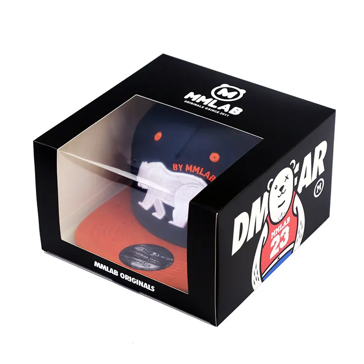 Toptan özel Logo Snapcap kutu ambalaj şapka beyzbol kapaklar Mailer hediye kutusu katlanır ambalaj tam renkli baskı açık pencere ile