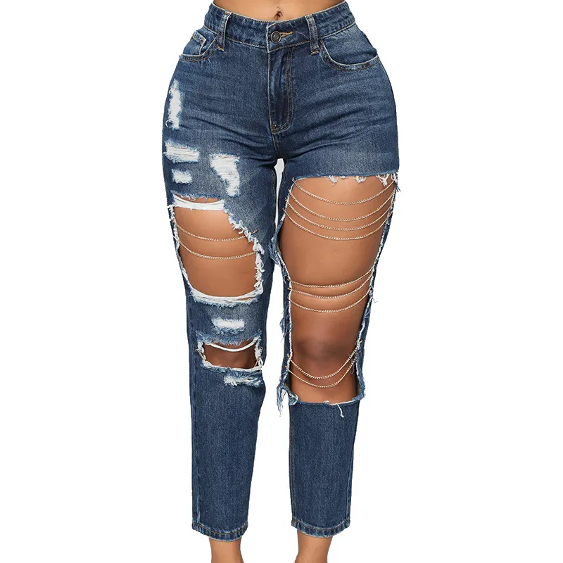 Новые женские длинные потертые джинсовые брюки с высокой талией, рваные Соблазнительные джинсы с дырками и металлическими цепочками