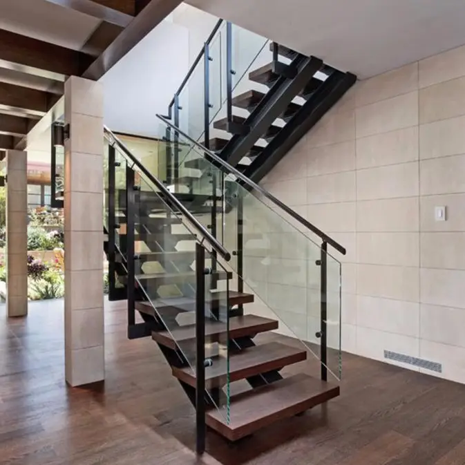 Escalera interior con balaustrada de vidrio templado, pasamanos de madera maciza para escalera, doble tirante