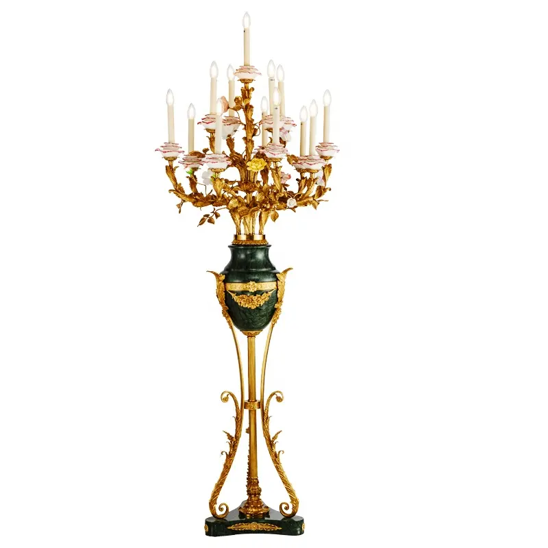 French Style Luxury Tall Decorative Floor Lamps with Gold Copper and Green Emerald Ceramic Led Standing Bedside Light