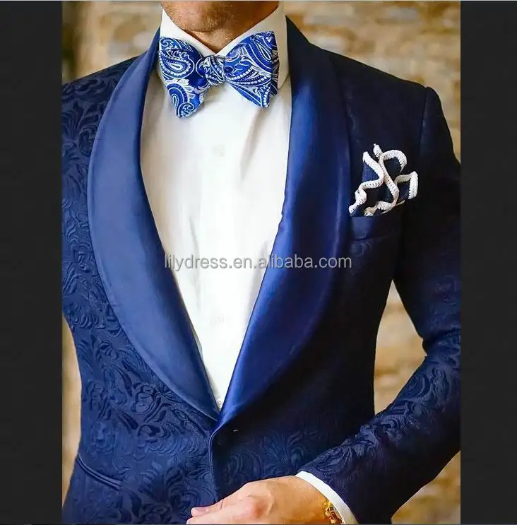 HD059 Elegant Patroon Stof 2022 Blauwe Mannen Past Formele Party Smoking Shawl Revers Satijn Mannen Suit Custom Stijlvolle Blazer Met broek