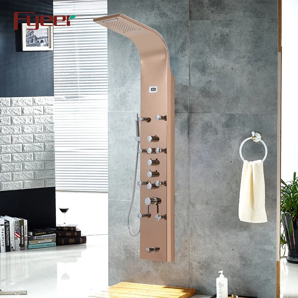 Fyeer multifunción oro rosa Sensor de temperatura Panel de ducha con 8PCS chorros de masaje