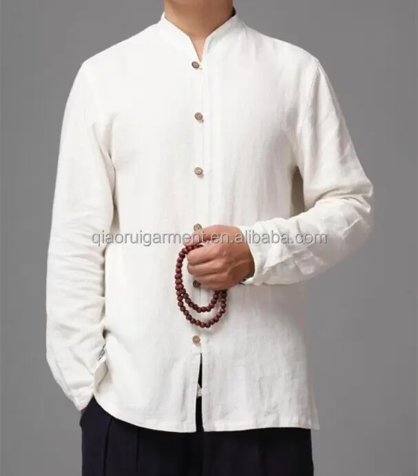 Camisas de lino informales blancas con cuello chino de manga larga para hombre y QR-4853, gran oferta