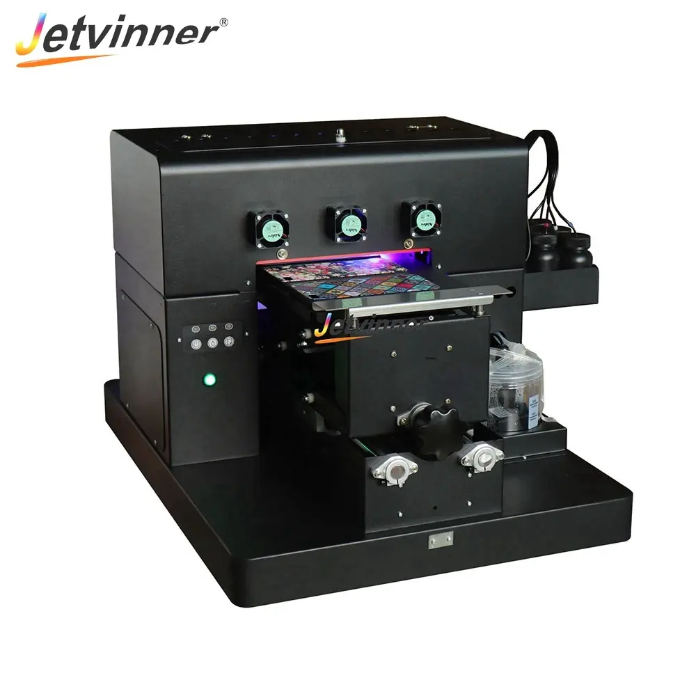 Jetvinner A4 طابعة الأشعة فوق البنفسجية دليل الأشعة فوق البنفسجية مسطحة آلة طباعة لطباعة دقيقة على المعادن 6 ألوان لإبسون L805