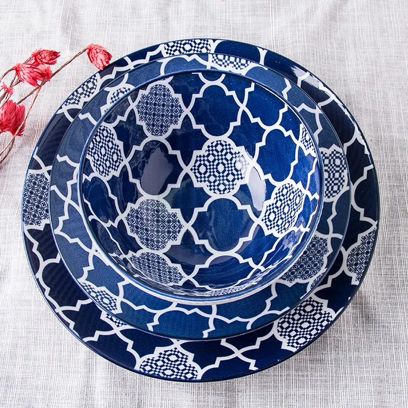 8 " / 8.5" / 10.5 "pouces de forme ronde de couleur bleue peinte à la main en céramique de chine ensembles de vaisselle assiettes en porcelaine