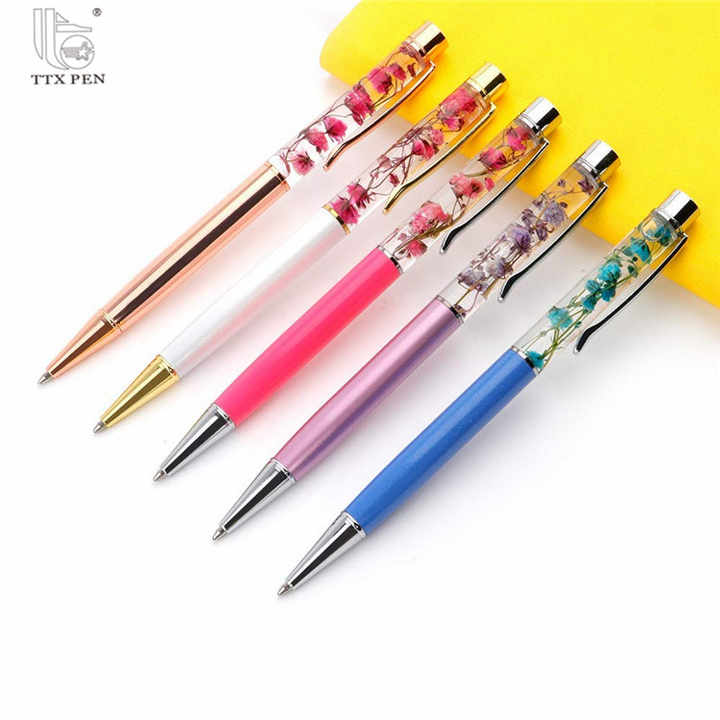 TTX Promotional Custom Logo Dried Liquid Floating Ballpoint Pen Bling Glitter Diamond Customize Flower Oil Ball Pen