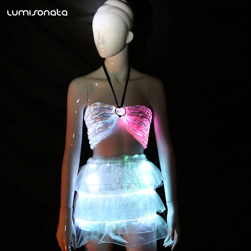 Roupas luminosas de fibra óptica patenteada, tecido com luz de led para dança do ventre