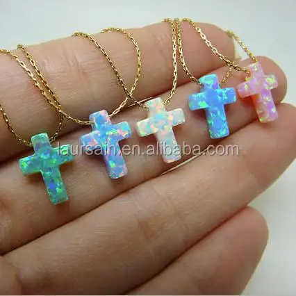 LS-D7705 Hot Sale Opal Cross Charm Necklace Blue Green Cross Jewelry Women Gold Silver Chains Necklace