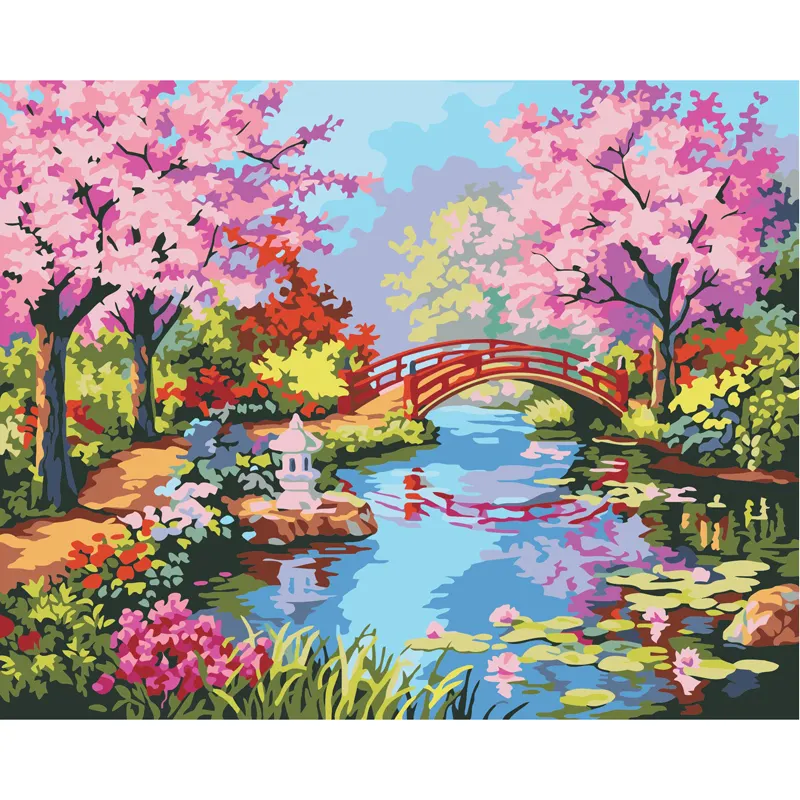 Venta al por mayor Diy moderno Rosa pintura al óleo digital hojas de árboles y puente Creek pintura al óleo pinceles decoración del hogar regalo