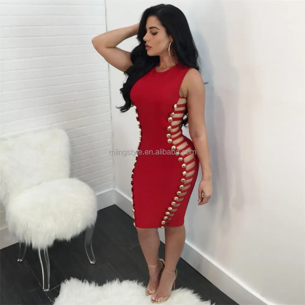 Novo design sem mangas cortar sexy rebite senhoras bodycon bandagem vestido personalizado cor da tela para roupas femininas de alta qualidade