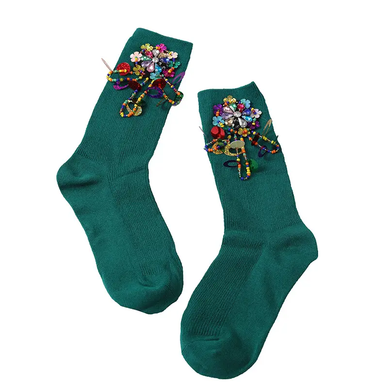 Calcetines de algodón con lentejuelas y flores para mujer, calcetín de mano hecho a mano, de verano, transpirable, con bordado
