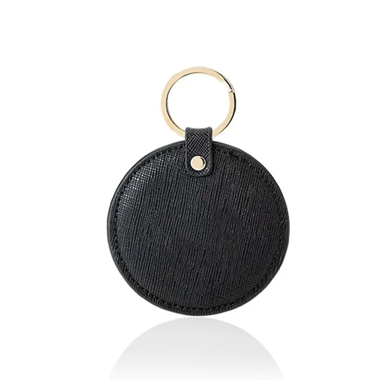 Llavero circular de cuero negro saffiano, diseño simple, forma redonda, de cuero