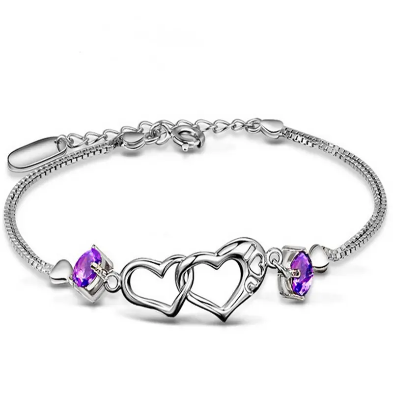 Della signora Regalo di Nozze 925 Sterling Silver Doppio Cuore di Cristallo Tennis Braccialetto Chain Del Cuore Viola di Cristallo Della Catena Del Braccialetto