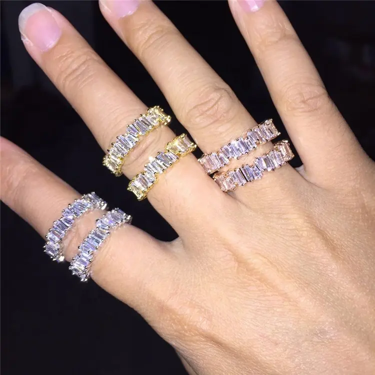 पतली Baguette T अंगूठी सगाई के लिए हस्तनिर्मित इंद्रधनुष Trapezoid पत्थर के छल्ले महिलाओं के फैशन उंगली सामान Anel वेडिंग बैंड