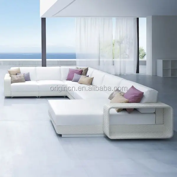 Moderno Simple Hogar Sala de estar Muebles en forma de L Blanco Mimbre Chaise Lounge Sofás