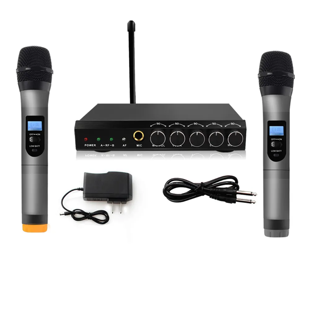 Sistema de microfone bt vhf sem fio, sistema de microfone portátil com dois canais, mixer e karaoquê