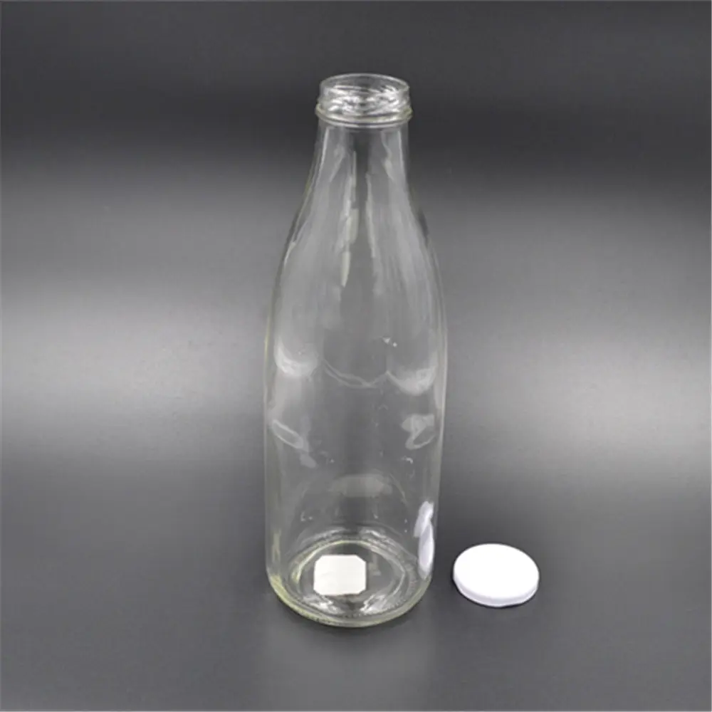 Low MOQ 1000ml glass milk bottle,1 liter juice bottle with white metal lid