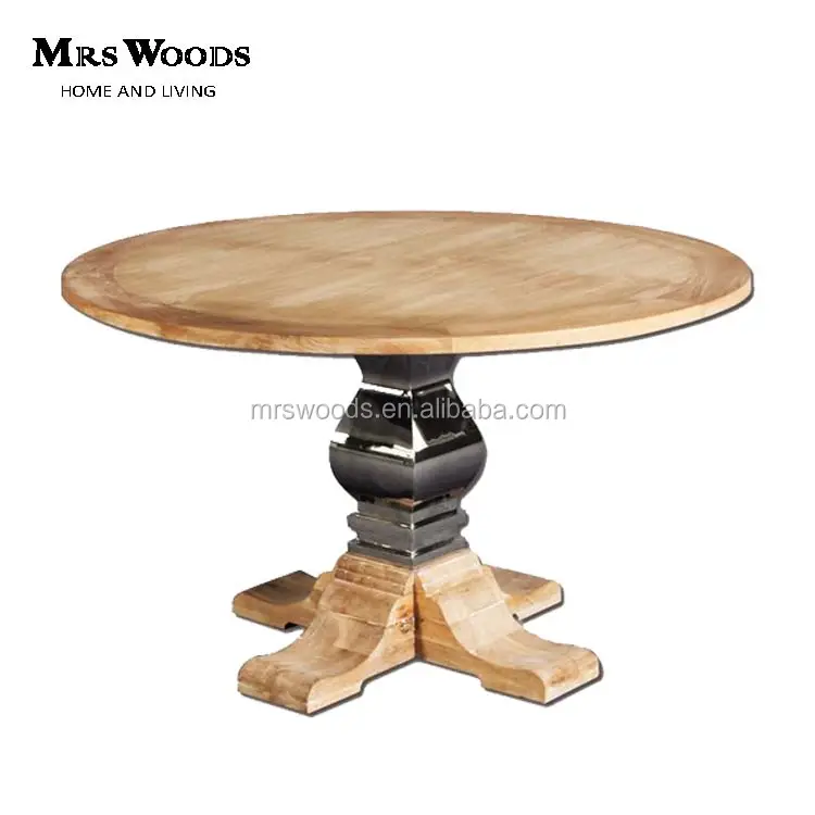 MRS Wood-mesa de comedor de madera de roble sólida, Base con acero inoxidable, redonda y grande